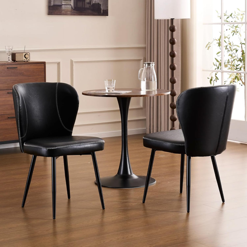 Set of 4 Dining Chairs, Mid-Century Modern Kitchen Chairs with Upholstered Synthetic Leather, Thick Cushion & Stitching Backrest, Sturdy Metal Legs, Green