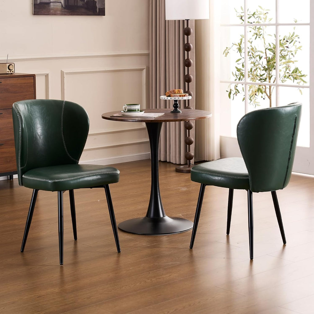 Set of 4 Dining Chairs, Mid-Century Modern Kitchen Chairs with Upholstered Synthetic Leather, Thick Cushion & Stitching Backrest, Sturdy Metal Legs, Green