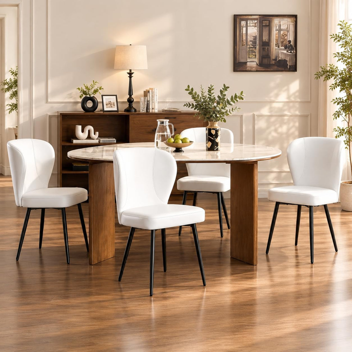 Set of 4 Dining Chairs, Mid-Century Modern Kitchen Chairs with Upholstered Synthetic Leather, Thick Cushion & Stitching Backrest, Sturdy Metal Legs, Green