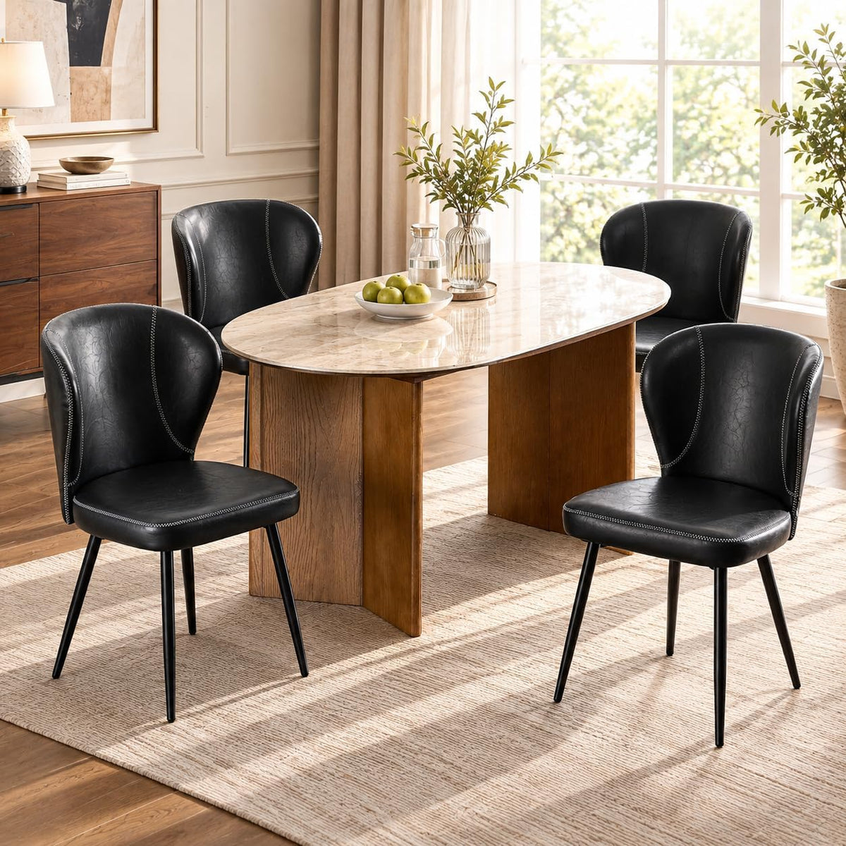 Set of 4 Dining Chairs, Mid-Century Modern Kitchen Chairs with Upholstered Synthetic Leather, Thick Cushion & Stitching Backrest, Sturdy Metal Legs, Green
