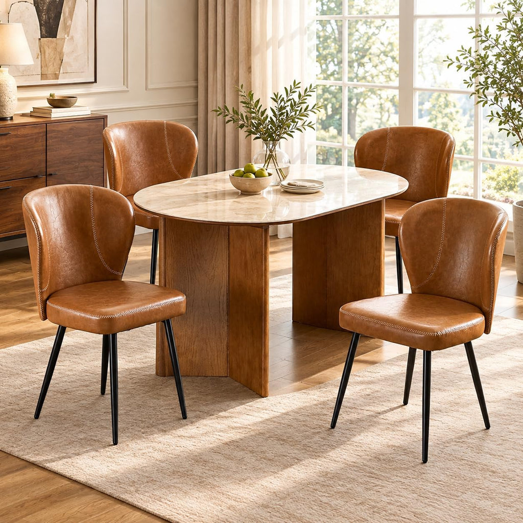 Set of 4 Dining Chairs, Mid-Century Modern Kitchen Chairs with Upholstered Synthetic Leather, Thick Cushion & Stitching Backrest, Sturdy Metal Legs, Green